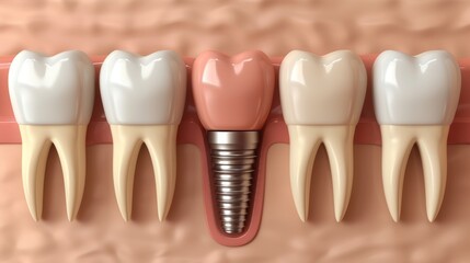 Detail of a dental implant integrated between natural teeth, showing the process and structure of integration