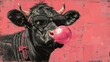 On a soft pink background, an isolated cow with glasses blows up a pink bubble gum ball