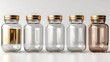 An empty set of glass jars with golden lids isolated on a white background