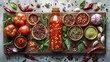 A rustic wooden board surrounded by fresh and dried chilies, spices, and herbs with gourmet hot sauce in a glass bottle