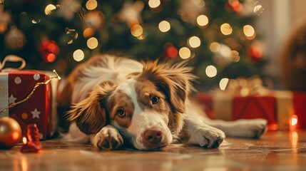 Wall Mural - Dog under the Christmas tree with gifts