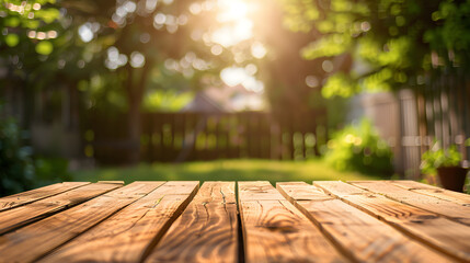 A sturdy wooden table sits empty in a summer backyard garden, creating an inviting and tranquil atmosphere for outdoor leisure and relaxation.