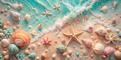 Abstract creative marine background in pastel colors with starfish, seashells, corals and sea wave. Generative Ai.