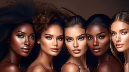  A diverse group of beautiful women with natural beauty and glowing smooth skin. Portrait of many attractive female fashion models with great skincare of all races, tones and style, Generative AI 