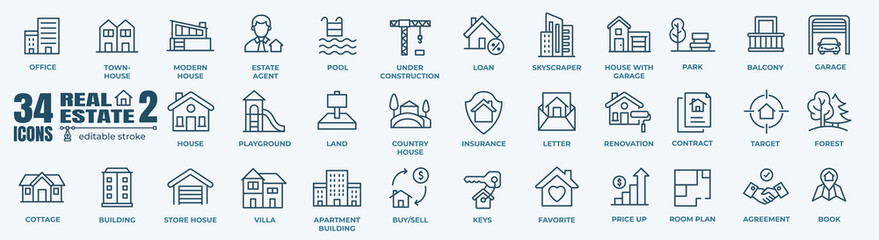 Real Estate minimal bold line web icon set. Included the icons as realty, property, mortgage, home loan and more. Outline icons collection. Simple vector illustration