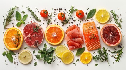 Images featuring beef, salmon, and side dishes featuring fresh-cut meats and citrus