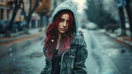 Wall Mural - Gothic style woman with red hair in a hoodie and street jeans Background wallpaper AI generated image