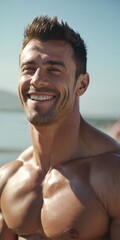 Wall Mural - Smiling muscular man at the beach, lifestyle, sunny, summer and vacation concept, vertical orientation