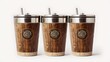 Three stylish wooden patterned reusable tumblers with lids and straws on a white background. Eco-friendly drinkware. Easy to carry and clean. Perfect for daily use. AI