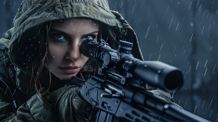 Woman sniper shooter in a professional forces specialist use hood wallpaper AI generated image