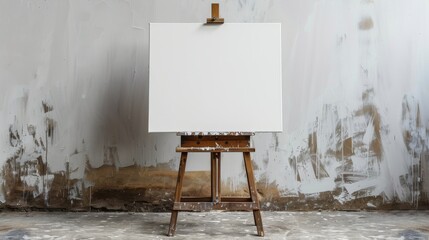 A wooden easel with a blank canvas isolated on a white background