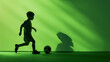 © Generative AI - Little boy dreams of becoming a football player isolated on green background Childhood and dreams concept Collage Conceptual image with shadow of male soccer player with ball on studio : Generative AI
