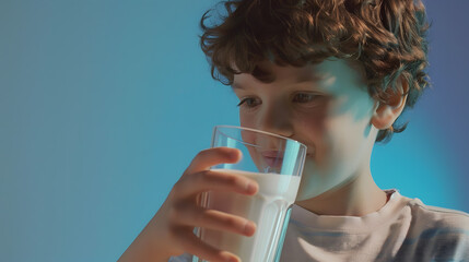 Wall Mural - Boy drinking milk from glass And smiling happily under the concept of drinking milk for good health : Generative AI