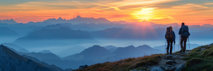 Wall Mural - sunrise in the mountains, two hikers, adorned with backpacks, traversing alpen mountain trail at sunrise.