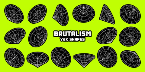 Wireframe lined shapes. Perspective mesh, 3d grid. Modern trendy low poly geometric elements. Retro futuristic design elements, y2k, vaporwave and synthwave style. Vector illustration