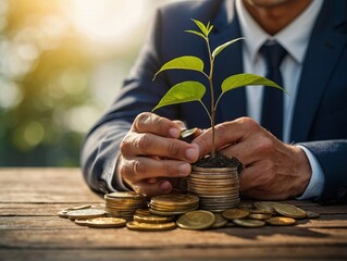 businessman holding a coin trading Bitcoin