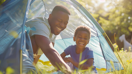 Wall Mural - Happy african american son and father playing in tent sunny garden summer childhood fatherhood free time camping fun togetherness and outdoor activities unaltered : Generative AI