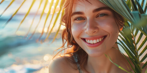 Wall Mural - Beautiful smiling young woman on the beach in summer holding a palm leaf.