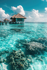 Wall Mural - Bungalow in the middle of clear blue water at a tropical resort, an exotic vacation. 