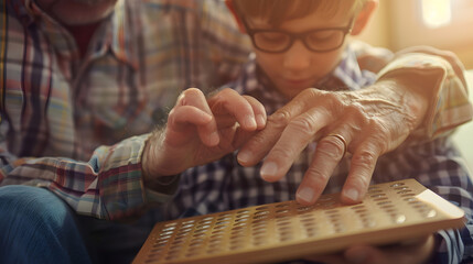 Cropped hands of caucasian grandfather assisting blind grandson in reading braille book at home Unaltered family togetherness childhood retirement education touching and disability con : Generative AI