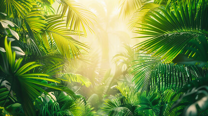 Wall Mural - Exotic Tropical Jungle with Bright Green Palm Leaves, Sunlit Foliage in a Lush Forest Setting