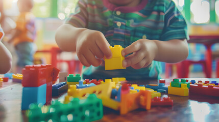 Little boy hands of little children play blocks in classroom Learning by playing education group study concept International pupils do activities brain training in primary school backg : Generative AI