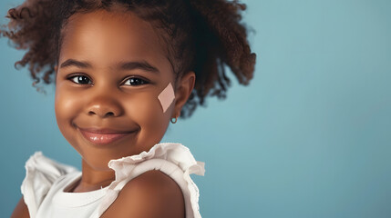 portrait of cute africanamerican girl showing shoulder patch and smiling at camera after getting vac