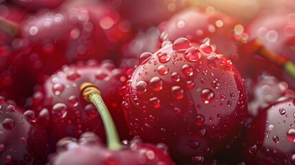 Wall Mural - Many beautiful red cherries are closed with droplets of water.