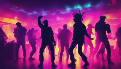 Wall Mural - silhouettes of people dancing at a crowded party at midnight, colorful lights and smoke at background, neon punk style
