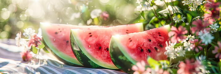 Wall Mural - Freshly Cut Watermelon Slices on a Rustic Wooden Table, Summertime Snack with Juicy Red Flesh