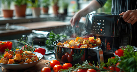 A person uses an air fryer to cook a healthy meal. Generated by AI.