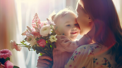 Wall Mural - Happy mothers day american family happy baby daughter congratulates mom on the holiday hugs her and gives bouquet of flowers at home : Generative AI