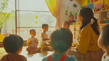 Wall Mural - Kindergarten teacher tells the children stories : Generative AI