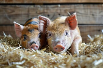 Wall Mural - Two piglets are laying down in a straw bed. They are looking at the camera