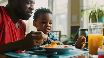 African american father looking at son eating breakfast cereals at dining table at home copy space Unaltered family togetherness childhood lifestyle food fresh and healthy concept : Generative AI