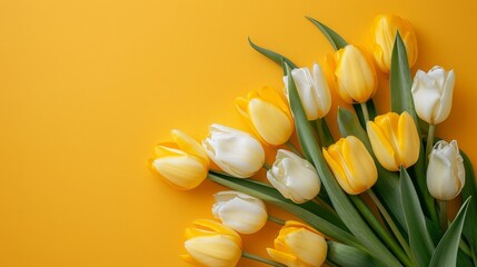 Wall Mural - Top view flat lay of bunch of yellow and white tulip flowers against a yellow background with copy space