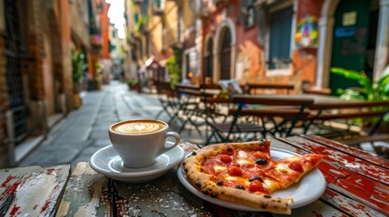 Wall Mural - Vacations in Italy. Cup of espresso coffee with pieces of pizza with gorgeous italian street on the backdrop