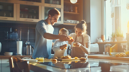 Playful dad feeding his son a slice of bread while his wife prepares breakfast Family of three having fun together in the kitchen Mom and dad spending quality time with their son : Generative AI