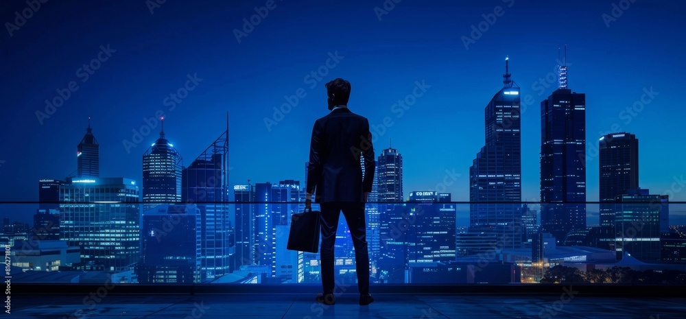 A business man silhouette standing on the roof of an office building ...