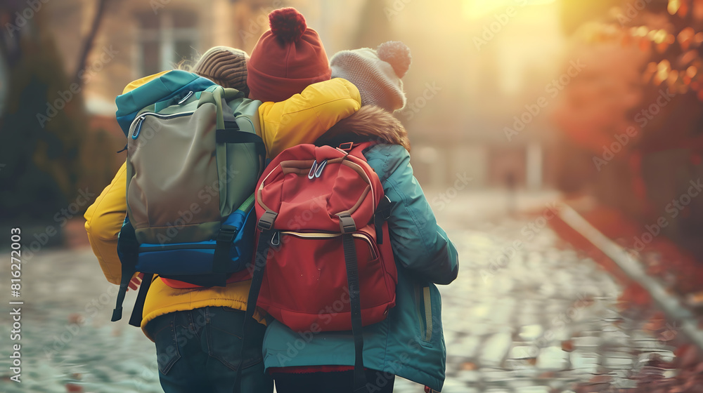 child schoolchildren with backpacks hug each other recess school yard ...