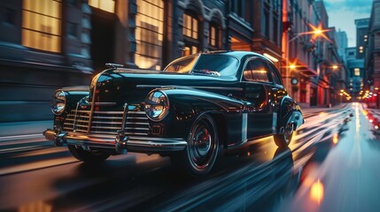 Naklejka na meble A highstakes chase scene featuring a shiny classic car speeding through narrow streets, driven by a 1940s mafia boss escaping rival gangsters, Close up