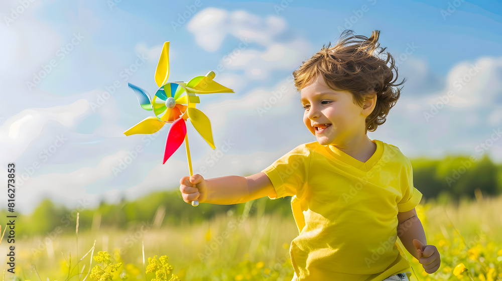 Happy child playing with toy pinwheel outdoors in summer in park ...