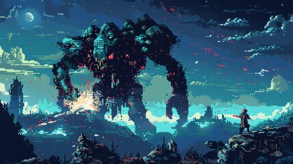 Wall Mural - The image is a pixel art of a giant robot standing in a ruined city. The robot is black and green, with red eyes.