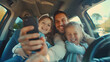 © Generative AI - Happy young couple with two daughters inside car during auto trop They are smiling laughing and taking selfies using smartphone Family values traveling social media and new technology  : Generative AI