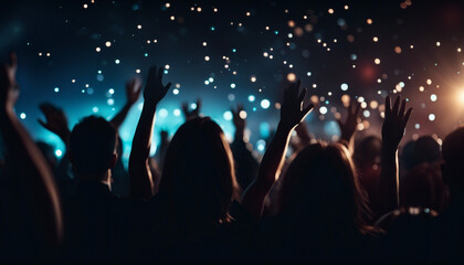 Wall Mural - silhouettes of people having fun, hands up at a crowded party at midnight
