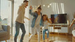 © Generative AI - Happy parents with kids dancing in modern living room having fun playing active game overjoyed mother and father with children siblings dancing to favorite music jumping celebrating ev : Generative AI