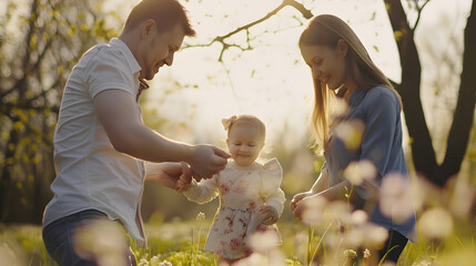 Portrait of a loving family spending quality time in nature teaching their baby girl to walk on a beautiful spring day childhood parent care support concept : Generative AI