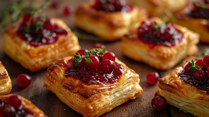 A closeup of Cranberry brie bites with puff pastry
