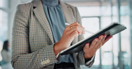 Fototapete - Business hands, tablet and pen for online sketch, drawing and planning on software at creative agency. Person, worker or graphic designer scroll on digital technology for art, website or project
