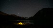 © imageBROKER - Yellow illuminated camping tent under a starry sky at the mountain lake Ala Kul Lake, mountain landscape at the lake at night, Ala Kul Lake, Tien Shan Mountains, Kyrgyzstan, Asia